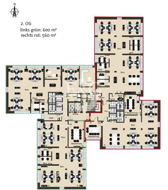 2. Obergeschoss grün 600 m² rot 560 m²