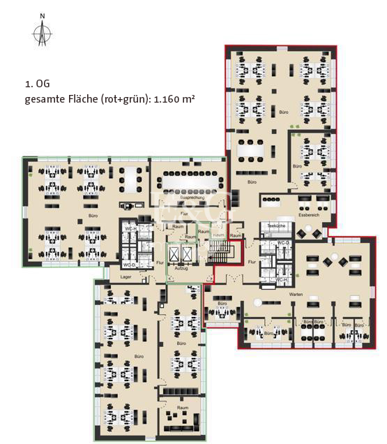 1. Obergeschoss gesamte Fläche 1.160 m²
